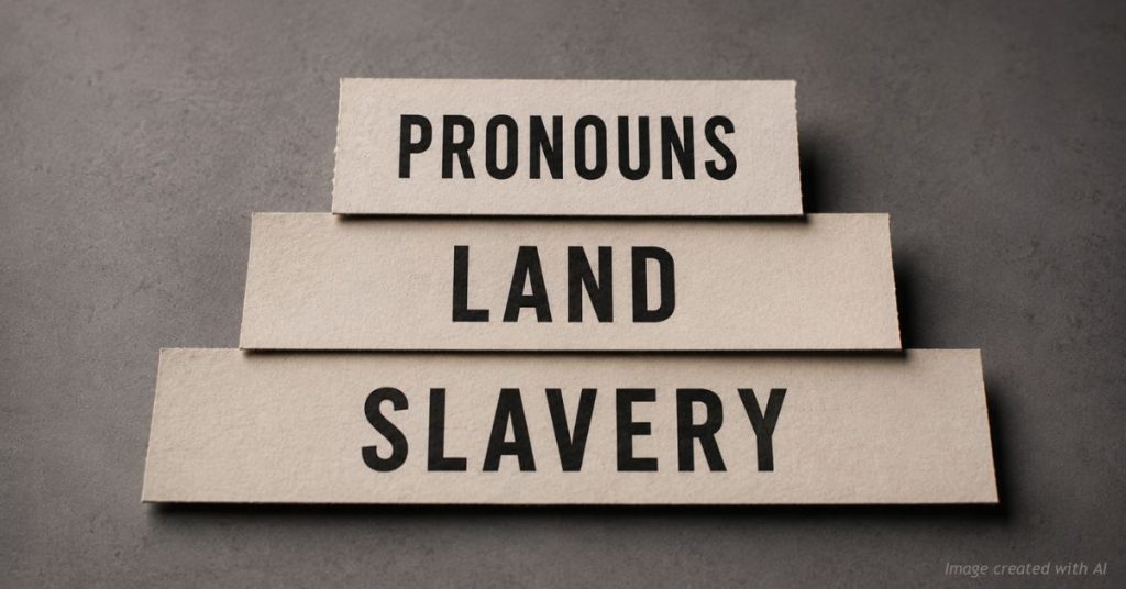 Three stacked paper strips reading pronouns, land and slavery, showing Denver's acknowledgment rituals multiplying.