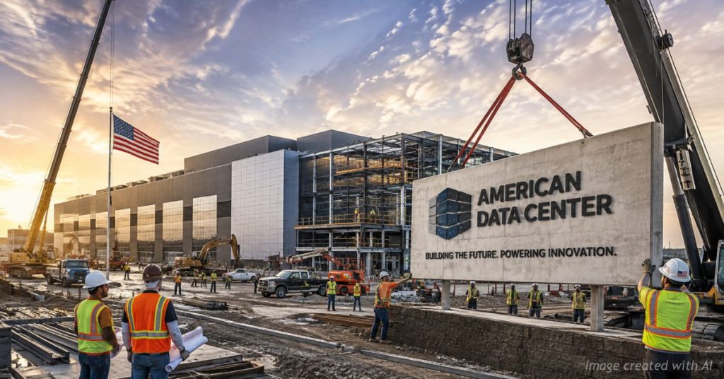 Construction crews build a large AI data center highlighting jobs and infrastructure investment.