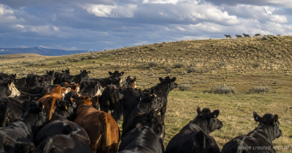 Alert herd watches distant wolves symbolizing stress without direct attack.