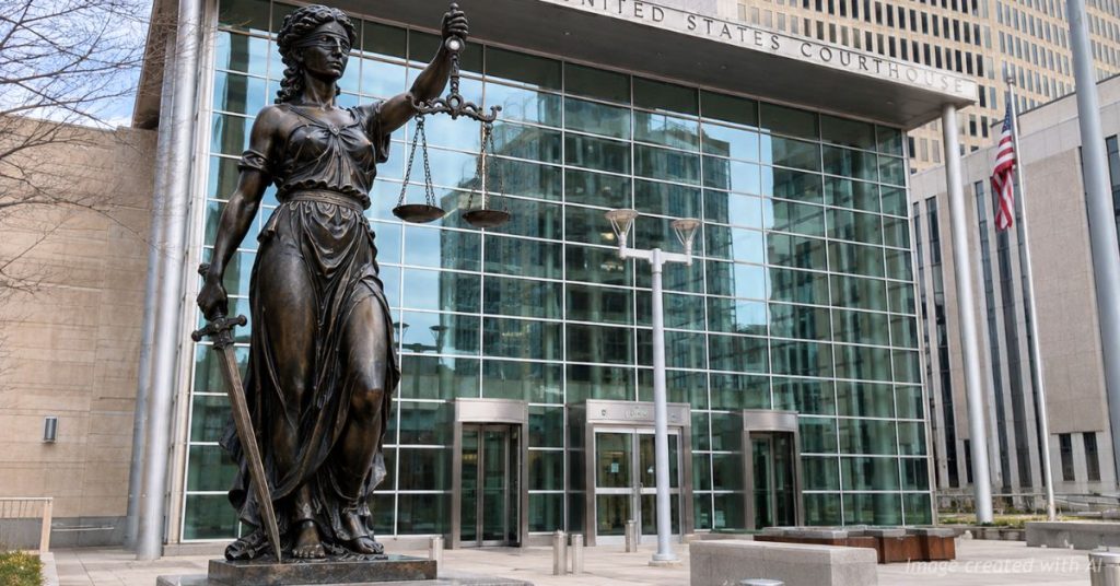 Lady Justice stands before the Alfred A. Arraj United States Courthouse in Denver, where federal judges reviewed immigration bond rulings.
