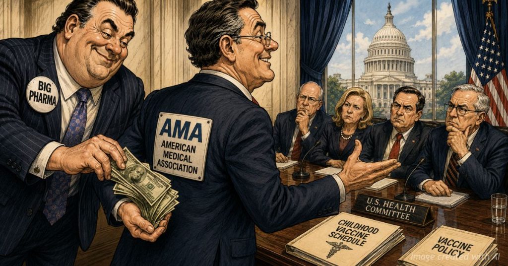 Political cartoon depicting Big Pharma handing cash to an AMA representative as he discusses vaccine policy with officials.