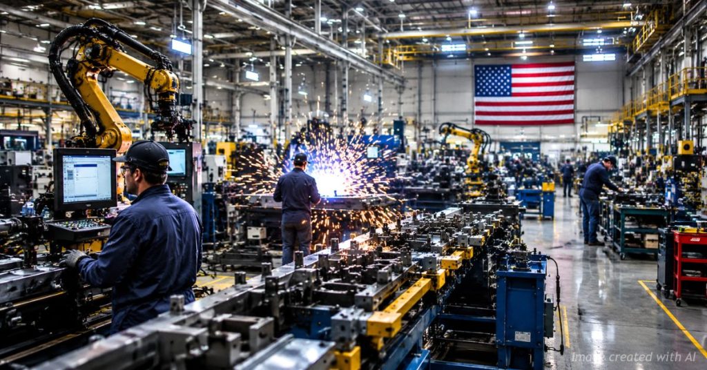 American workers and advanced machinery inside a busy modern manufacturing facility.