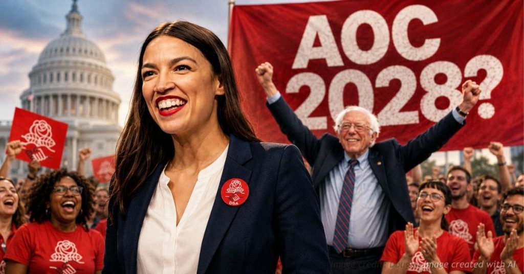 AOC depicted at a DSA-themed rally with Bernie Sanders and an AOC 2028? banner near the U.S. Capitol.