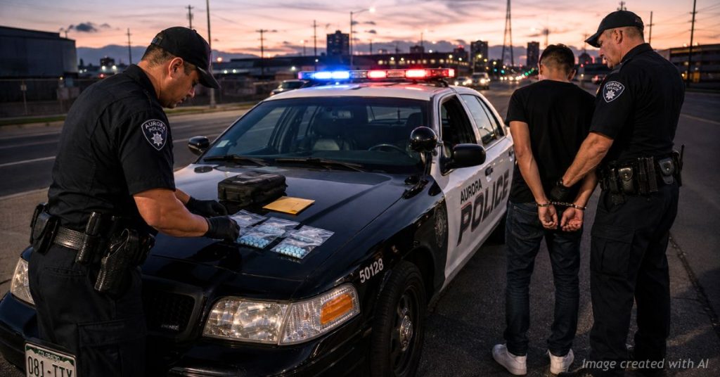 Aurora police officers detain a suspect as bags of blue pills are displayed on a patrol car.