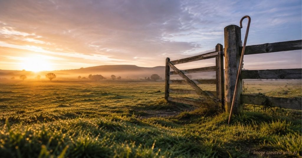 Empty green pasture at dawn with an open gate and a shepherd's crook leaning on a fence, no sheep in sight.