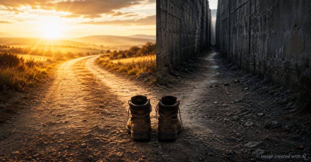 Boots at a forking path, one road open and sunlit, one walled and dark, contrasting free choice under capitalism with coercion.