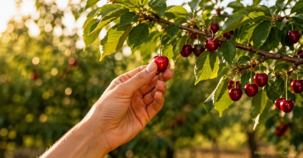Hand picking one cherry from a branch symbolizing selective use of education ranking data