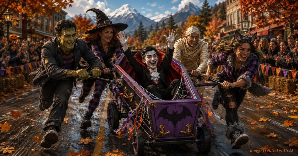 Costumed runners pushing a decorated wheeled coffin cart with a rider down a festive street.