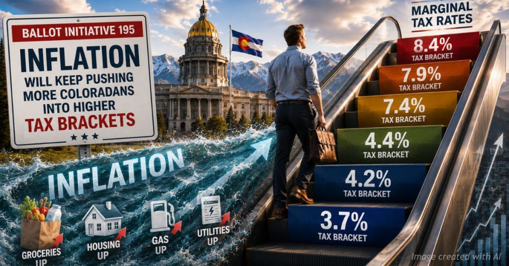 Ballot Initiative 195 illustration showing inflation pushing a Colorado taxpayer toward higher marginal tax brackets.