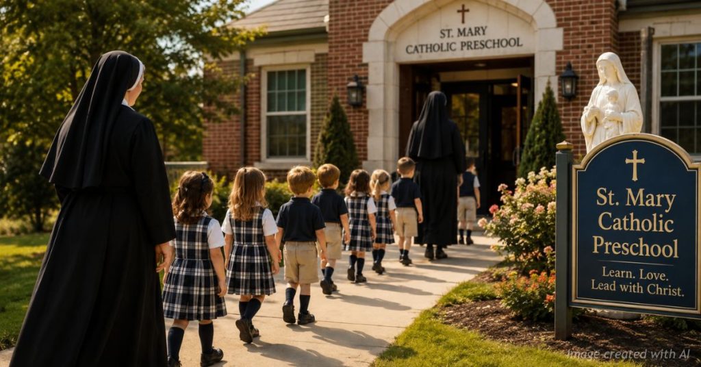 Catholic preschool students in uniforms walk with two nuns toward a Catholic school entrance.