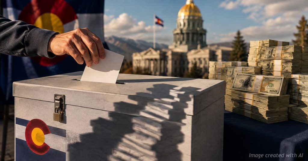 Colorado ballot box covered by the shadow of stacked money, symbolizing financial influence on initiatives.