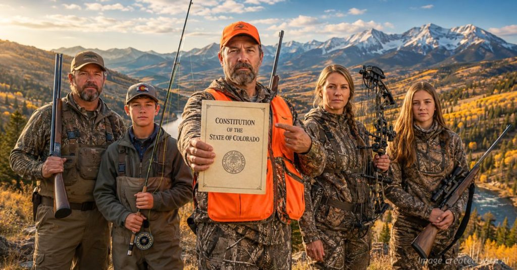 Colorado hunters and anglers hold the Colorado Constitution overlooking a Rocky Mountain valley.