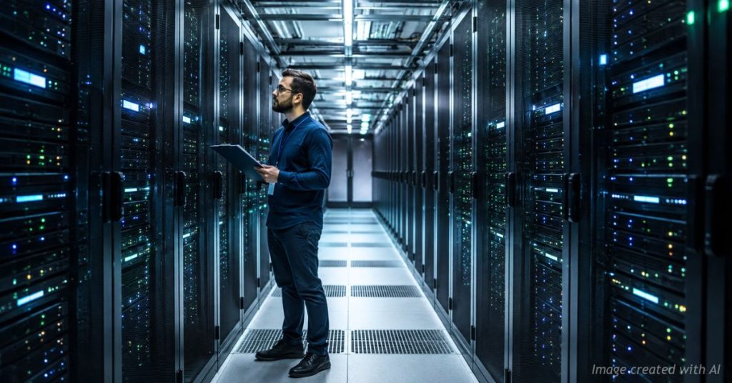 IT technician checks server equipment inside a modern data center server room.