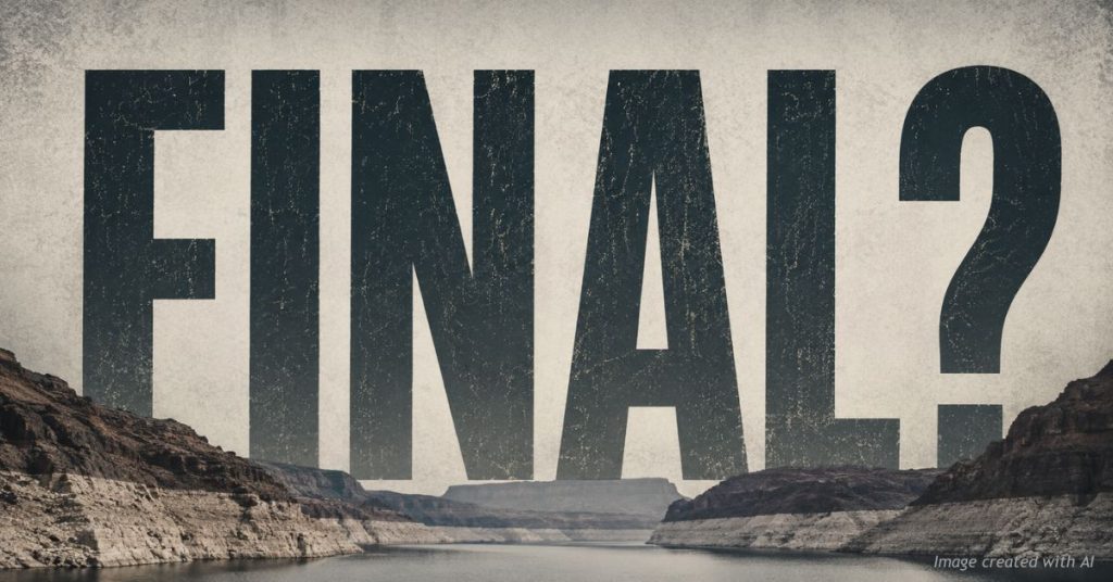 The word "FINAL?" in bold type over a faded low-reservoir background