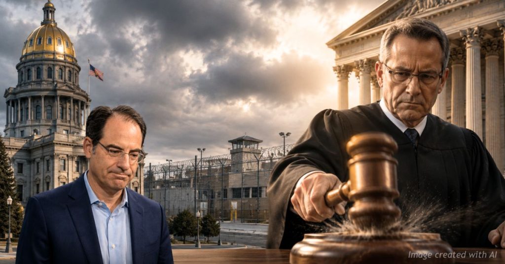 Phil Weiser stands near the Colorado Capitol as a judge’s gavel symbolizes a federal court ruling on detention oversight.