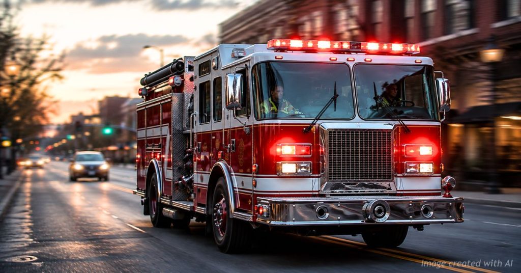 Fire engine races through an urban Colorado street as departments face staffing and funding shortfalls.