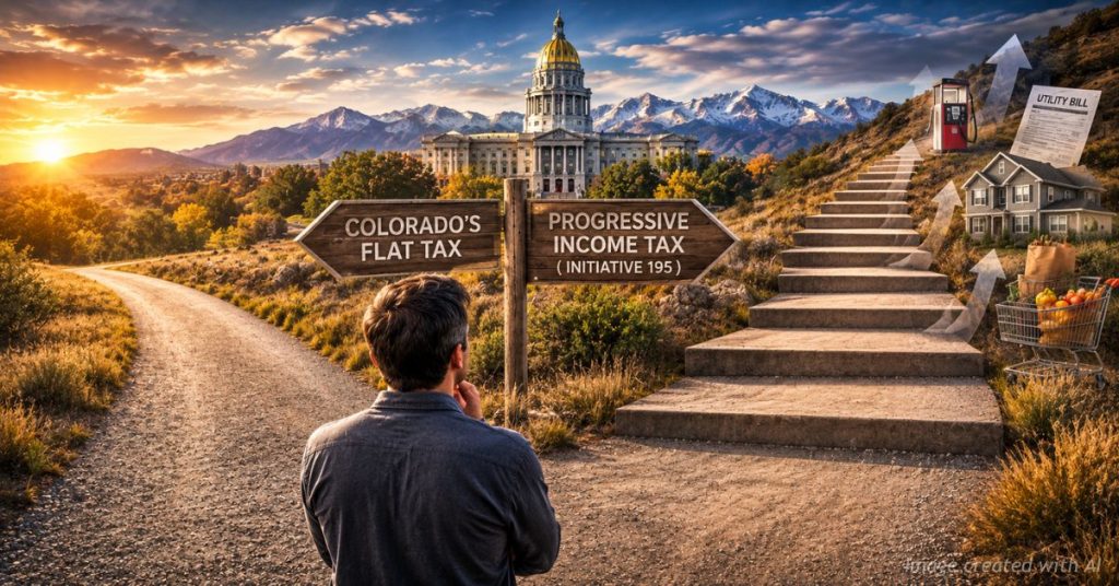 Colorado voter faces level and ascending paths symbolizing flat and progressive income tax systems.