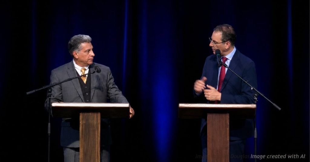 Greg Lopez and Phil Weiser face each other at podiums during a Colorado gubernatorial debate.