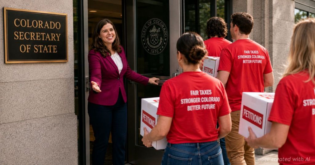 Volunteers deliver petition boxes to the Colorado Secretary of State's office for a proposed graduated income tax measure.