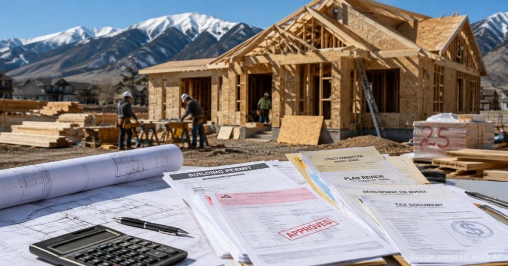 Colorado home under construction with permits and fee paperwork in the foreground and Rocky Mountains behind.