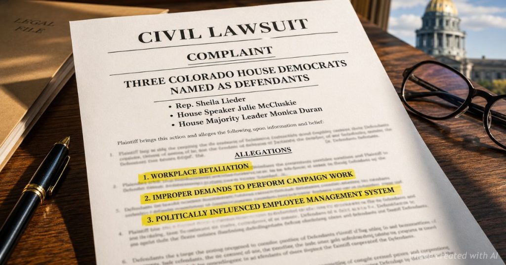Civil lawsuit naming three Colorado House Democrats and highlighting workplace retaliation allegations.