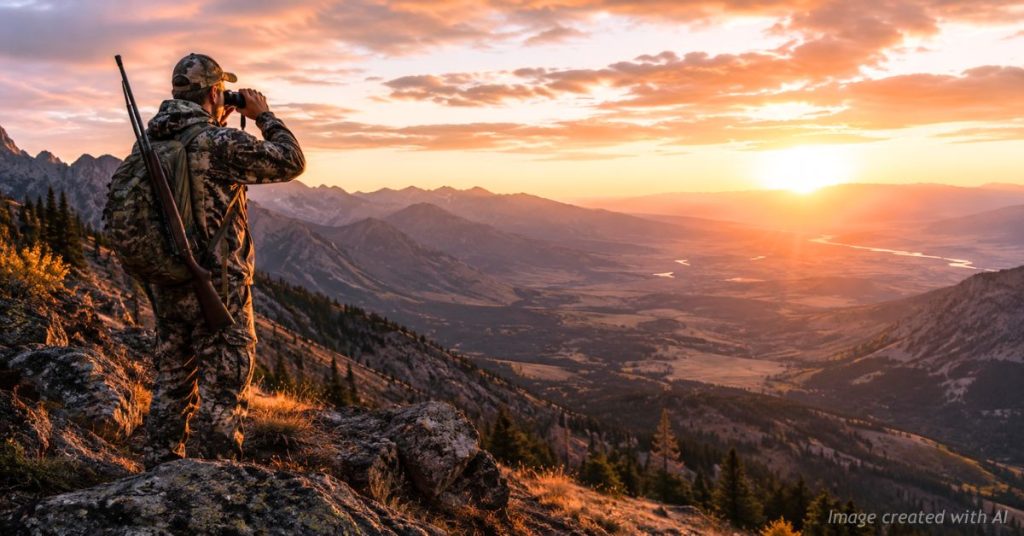 Colorado hunter with binoculars overlooks a Rocky Mountain valley at sunrise with a rifle slung across his back.