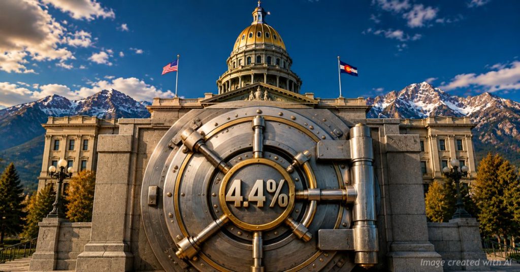 Colorado’s 4.4% income tax rate displayed on a locked vault in front of the state Capitol.