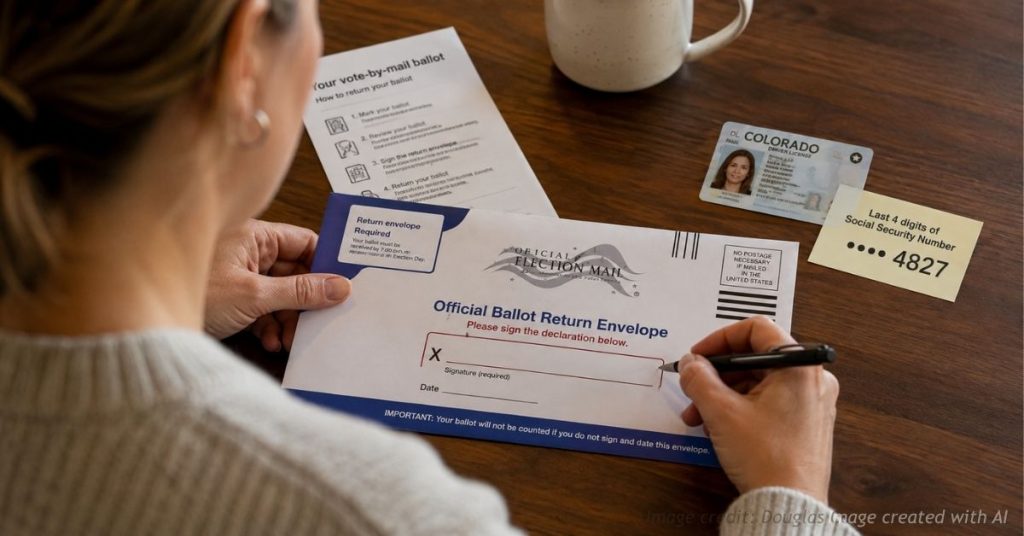 Mail ballot and ID card with the Colorado Capitol representing the statewide Initiative 362 vote.