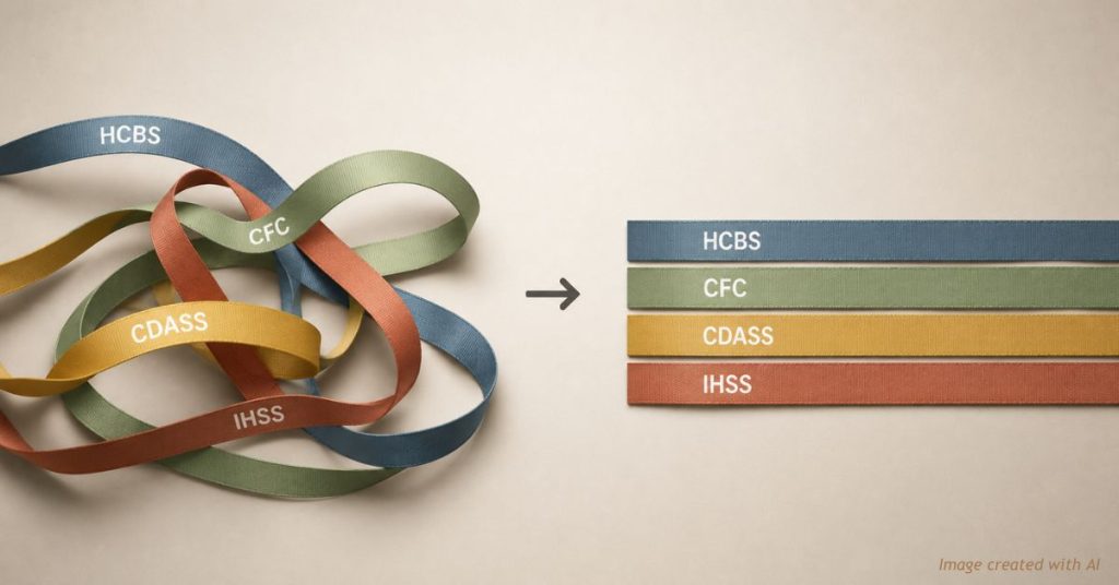 Tangled ribbons labeled HCBS, CFC, CDASS and IHSS straightening into four parallel color-coded strands.