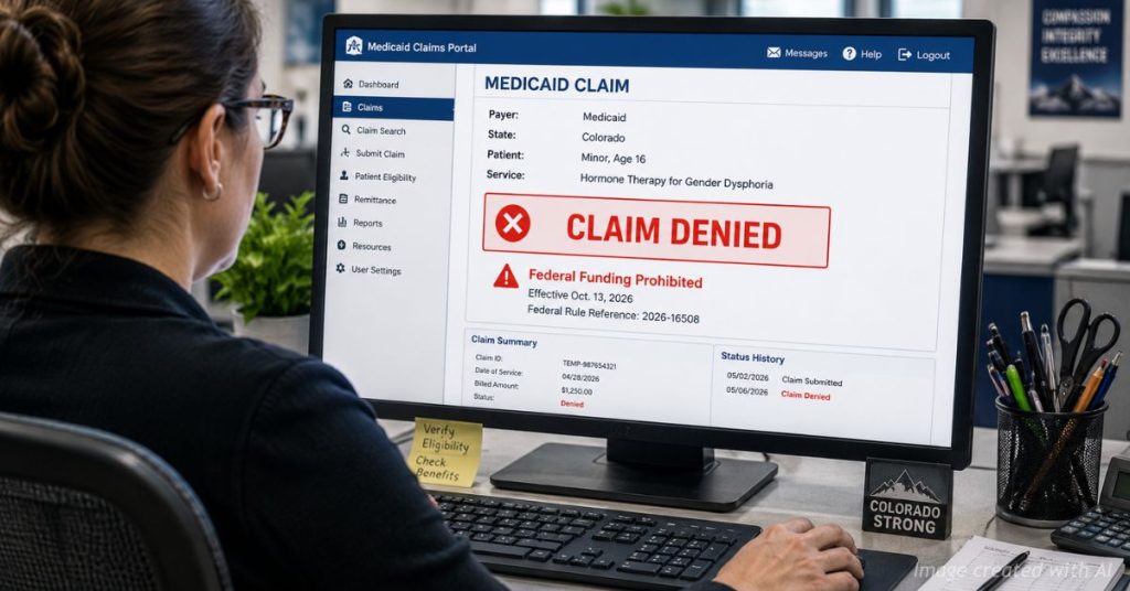 Medical billing specialist views a denied Colorado Medicaid claim for hormone therapy for a 16-year-old.