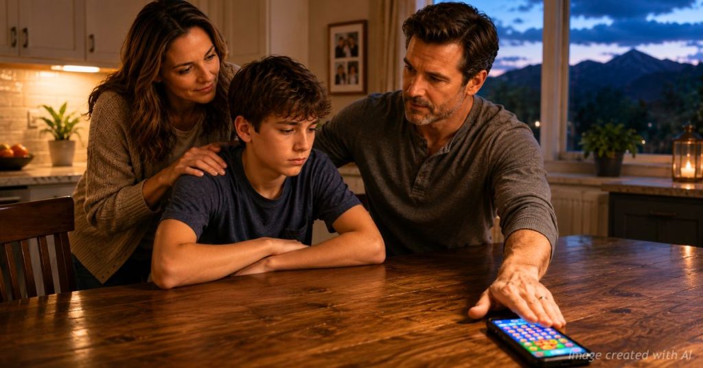 Parents comfort their son as his father slides a smartphone away during a family discussion about screen time.