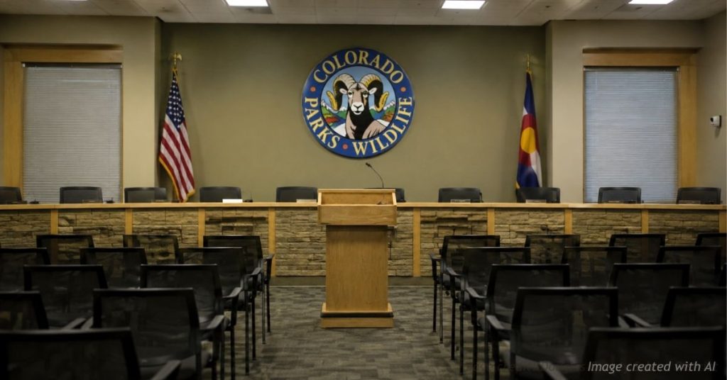 Empty Colorado Parks and Wildlife meeting room and podium representing concerns over new public comment limits.