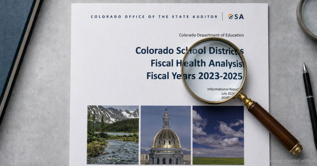 Magnifying glass over the Colorado State Auditor's School Districts Fiscal Health Analysis report, fiscal years 2023-2025.