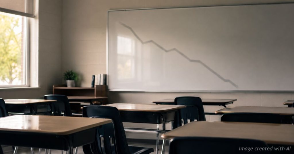 Empty classroom desks and a falling line symbolize Colorado’s continuing student enrollment decline.