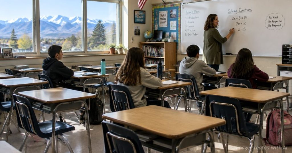 Teacher instructs students in a Colorado classroom with empty desks reflecting declining public school enrollment.