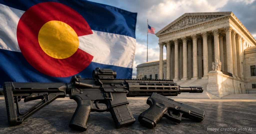 Semiautomatic rifle with Colorado flag and courthouse symbolizing a federal challenge to state gun requirements