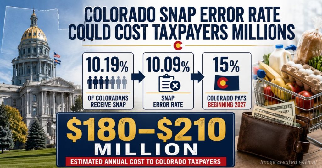 Colorado SNAP error rate illustration showing 10.19% enrollment, 10.09% error rate and projected 15% state cost share.