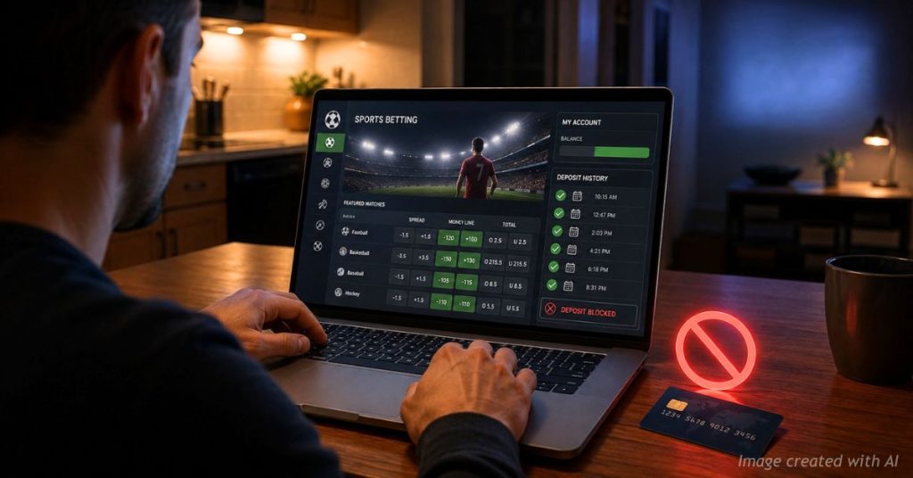Colorado bettor views a sportsbook on a laptop as a credit card deposit is shown blocked.