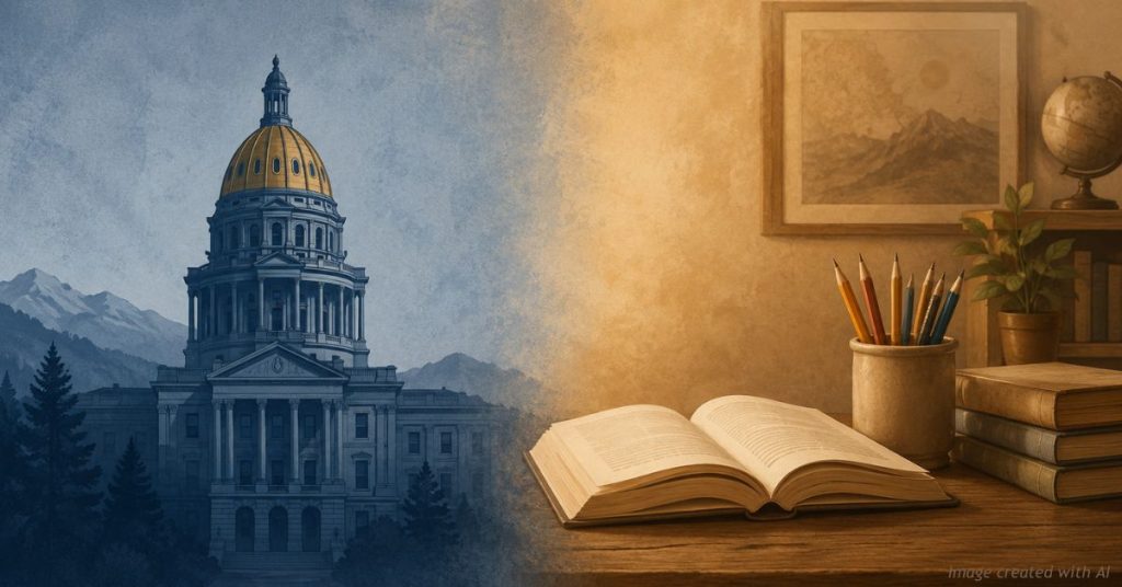 Colorado capitol dome paired with a home schoolroom, showing state and family tension.