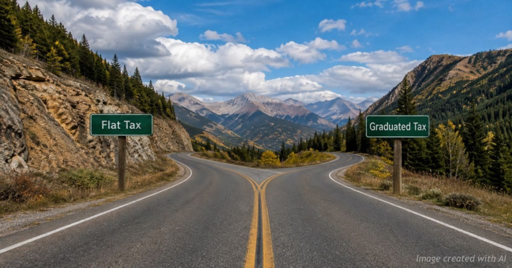 A fork in the road represents competing tax policies.