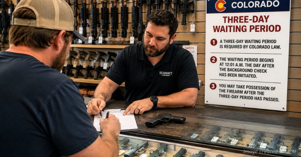 Customer completes firearm purchase paperwork beside a Colorado three-day waiting period notice at a gun store.