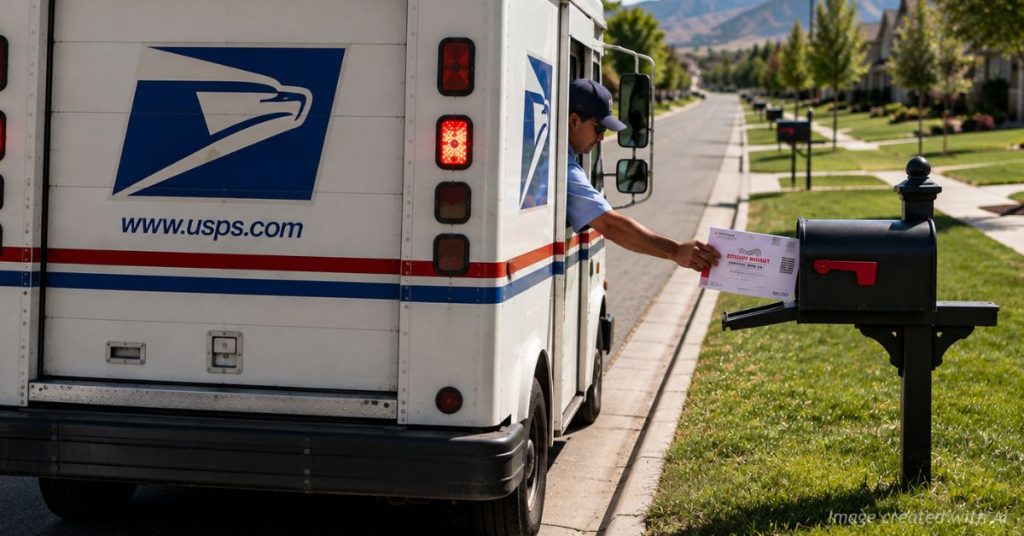 USPS carrier delivers an official mail ballot to a residential mailbox in a Colorado neighborhood.