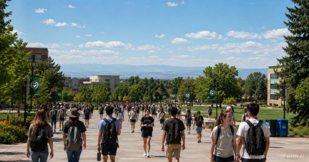 Students walk through Colorado State University's campus as the DOJ challenges Colorado's in-state tuition law.