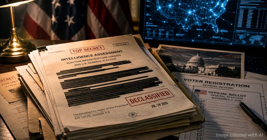 Declassified government files and election materials symbolize renewed scrutiny of 2020 election security.