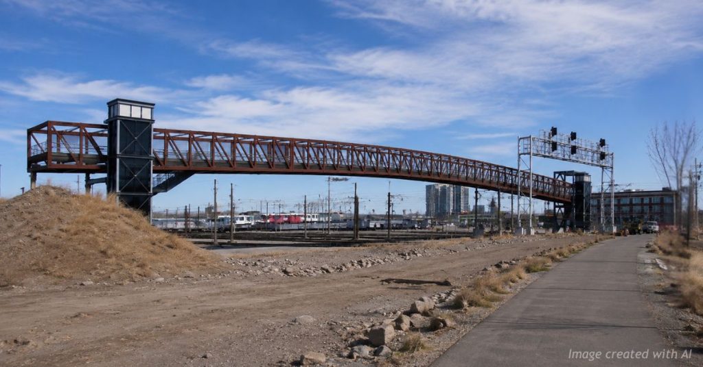 Denver’s unfinished pedestrian bridge spans rail lines near Broadway Station and the planned Summit stadium site.
