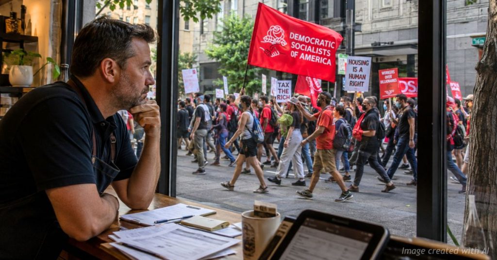 Denver business owner watches a Democratic Socialists of America rally pass outside his storefront.