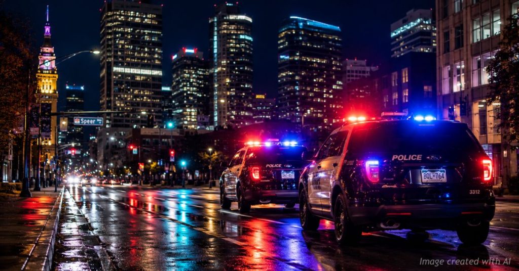 Police lights illuminate a downtown Denver street at night as the city reports a rise in homicides.