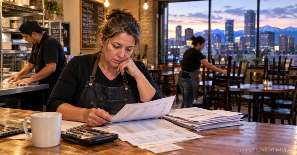 Denver restaurant owner reviews payroll and expenses as the city prepares for a higher minimum wage.