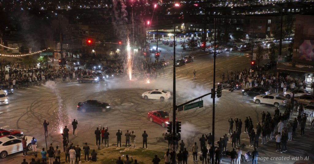 Cars perform donuts as crowds gather during an illegal street takeover at Broadway and Mississippi in Denver.