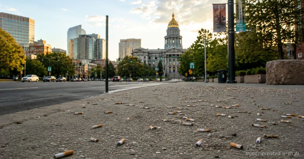 Cigarette butts litter a Denver sidewalk with the Colorado State Capitol visible in the background.